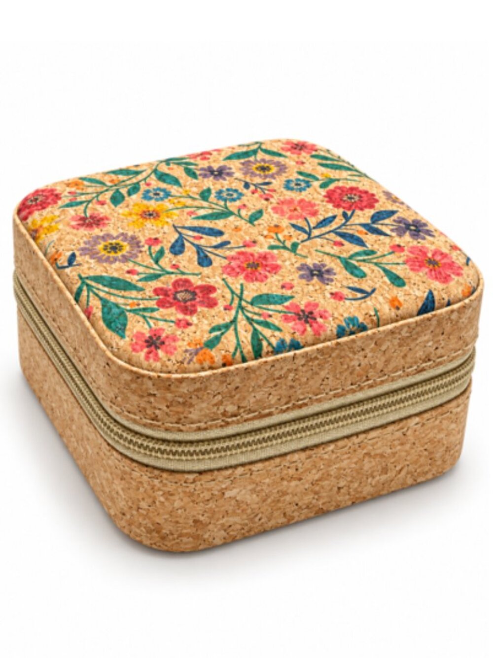 Floral Cork Travel Jewelry Case Organizer Box w/ Removable Dividers - NEW